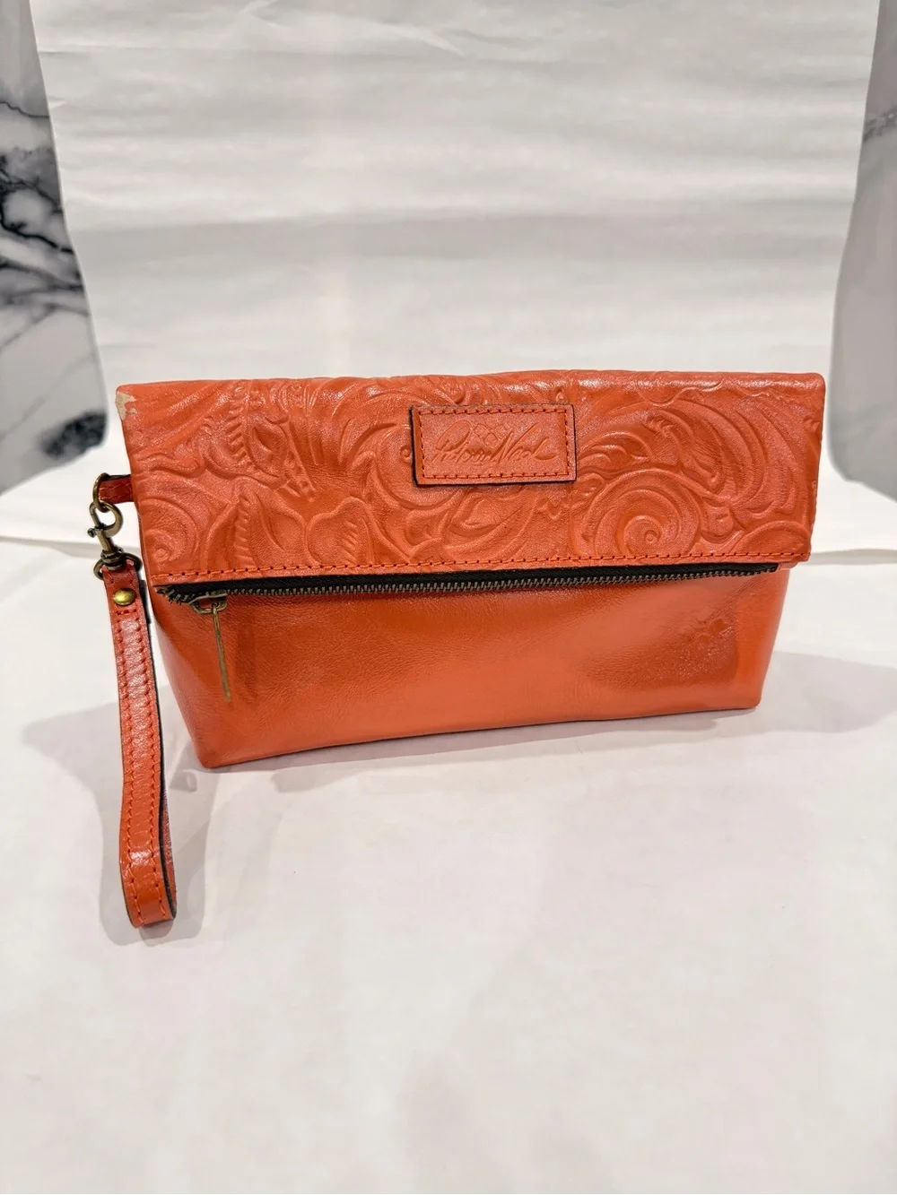 Patricia Nash Apricot Orange Embossed Leather Wristlet Clutch